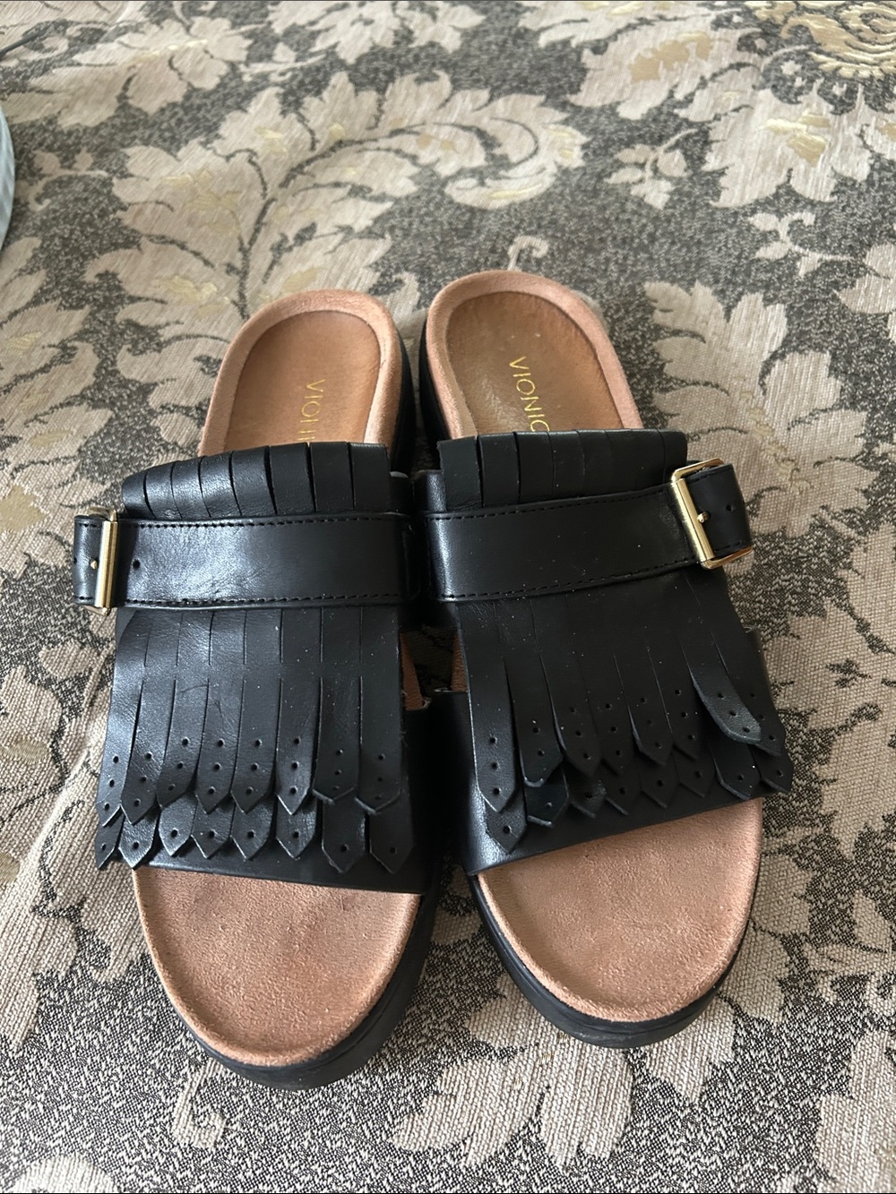 Vionic Black Leather Fringe Mule Filmore Sandals with Gold Buckle 9